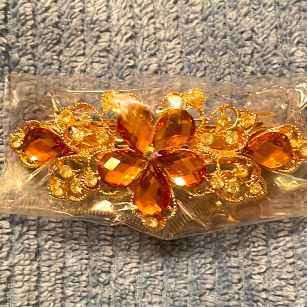 Flower Blingy Hair Clip Barrette New Orange Rhinestones Sparkly